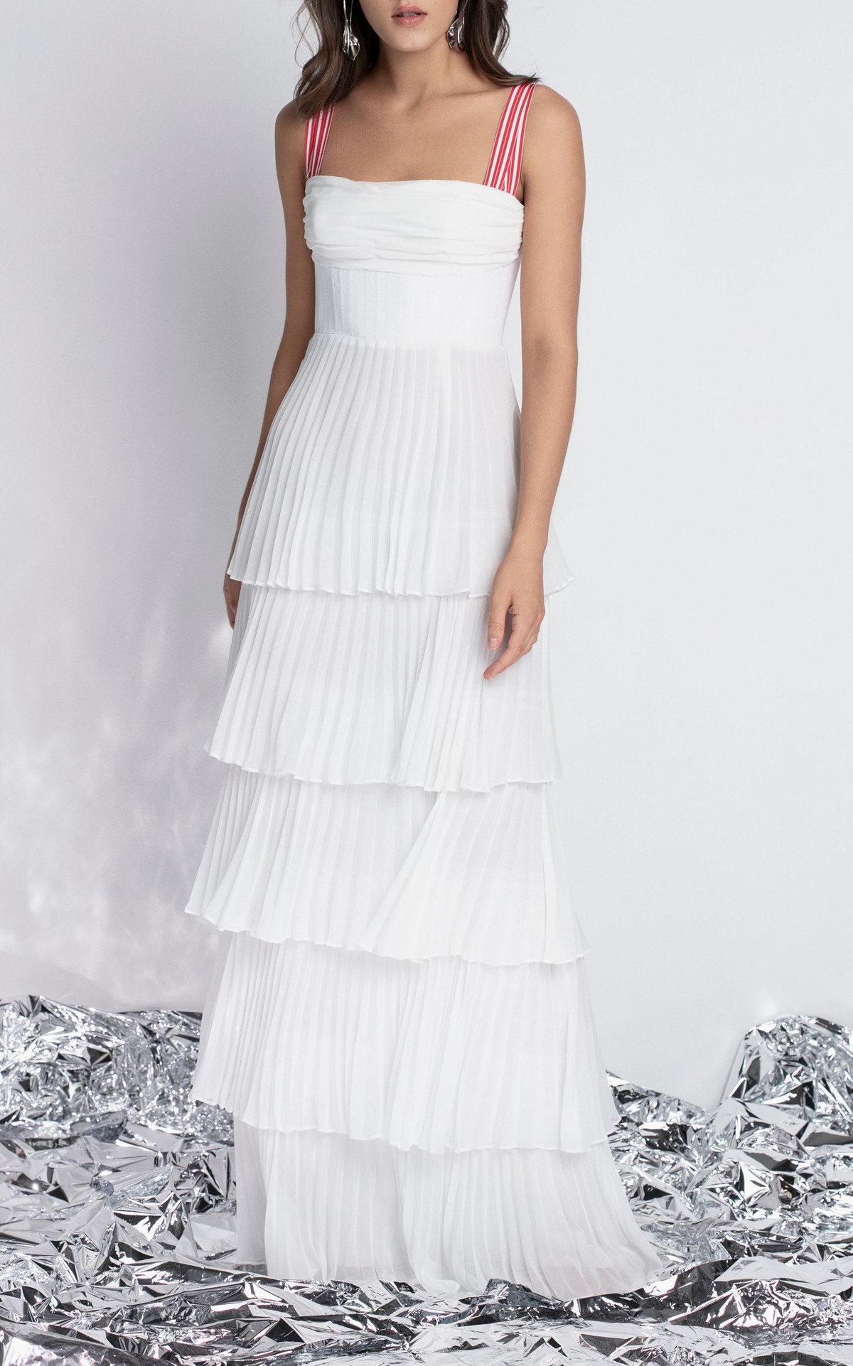 Rachel Gilbert Soekie Tiered Pleated Dress White Size AU 6 - Image 1