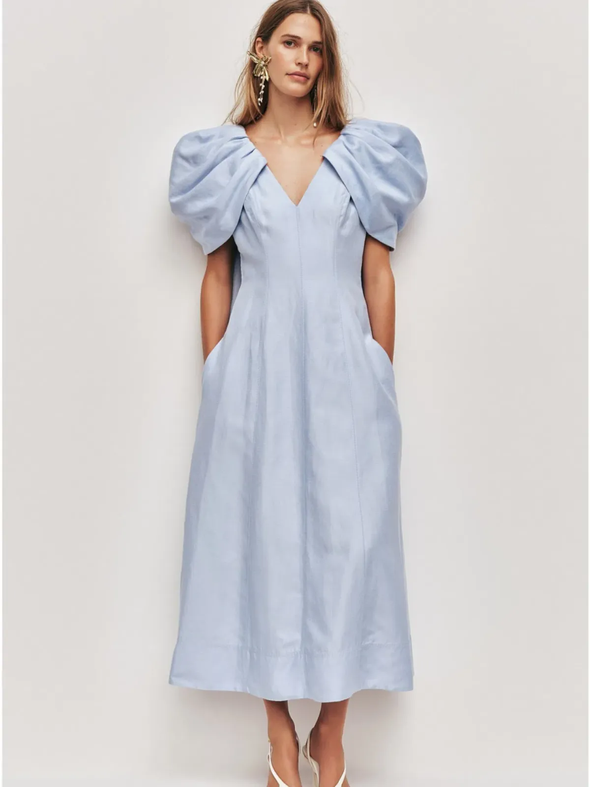 Aje Bisou Midi Dress Size AU 14 Pale Blue Puff Sleeve Gown - Image 1