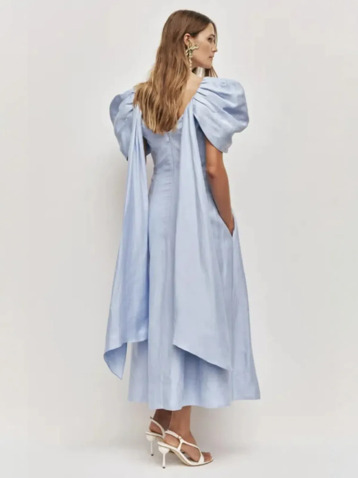 Aje Bisou Midi Dress Size AU 14 Pale Blue Puff Sleeve Gown - Image 4