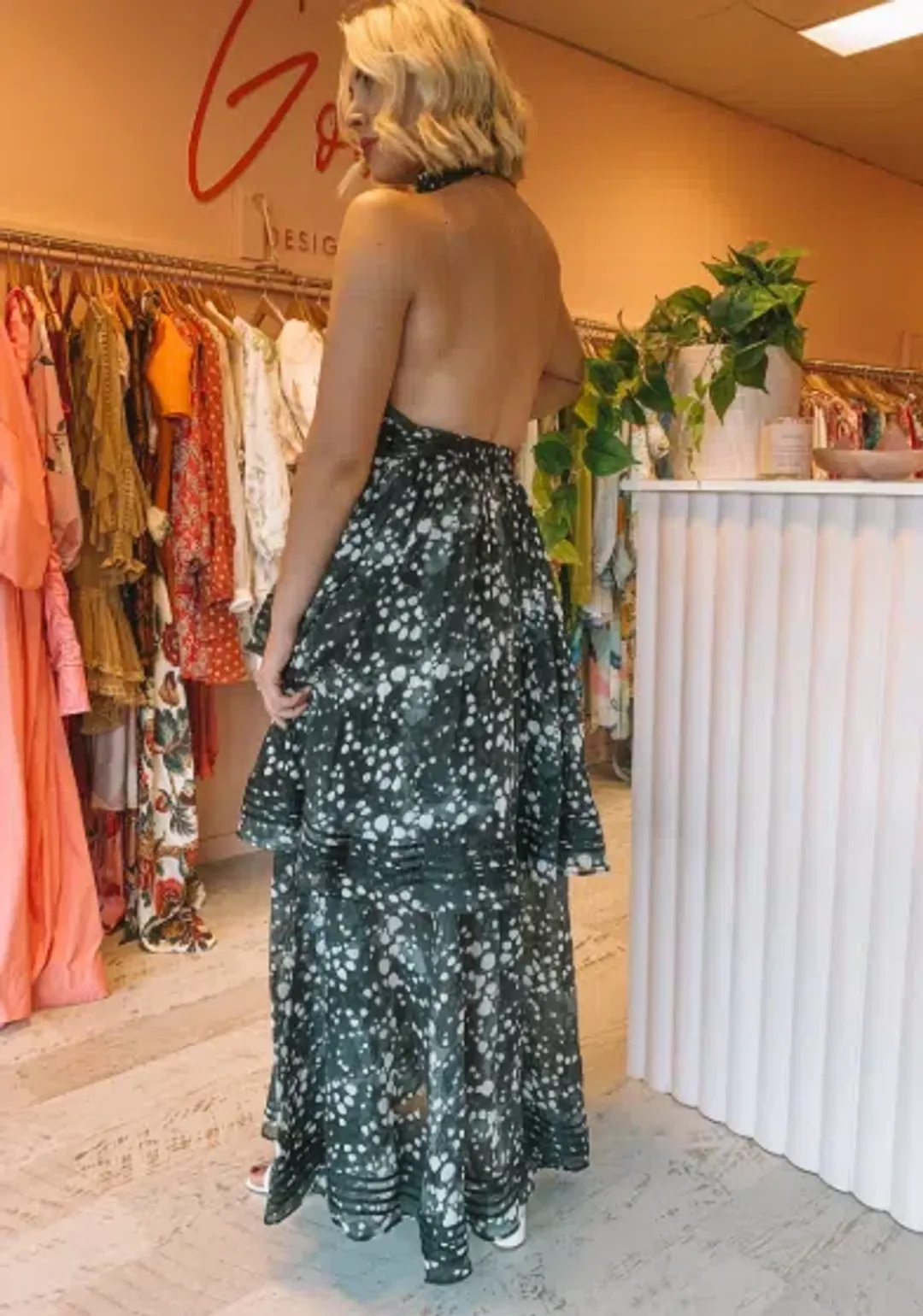 AJE Sienna Maxi Halter Dress Gown Gala Black Spot SZ 10 for rent on The Volte - main image