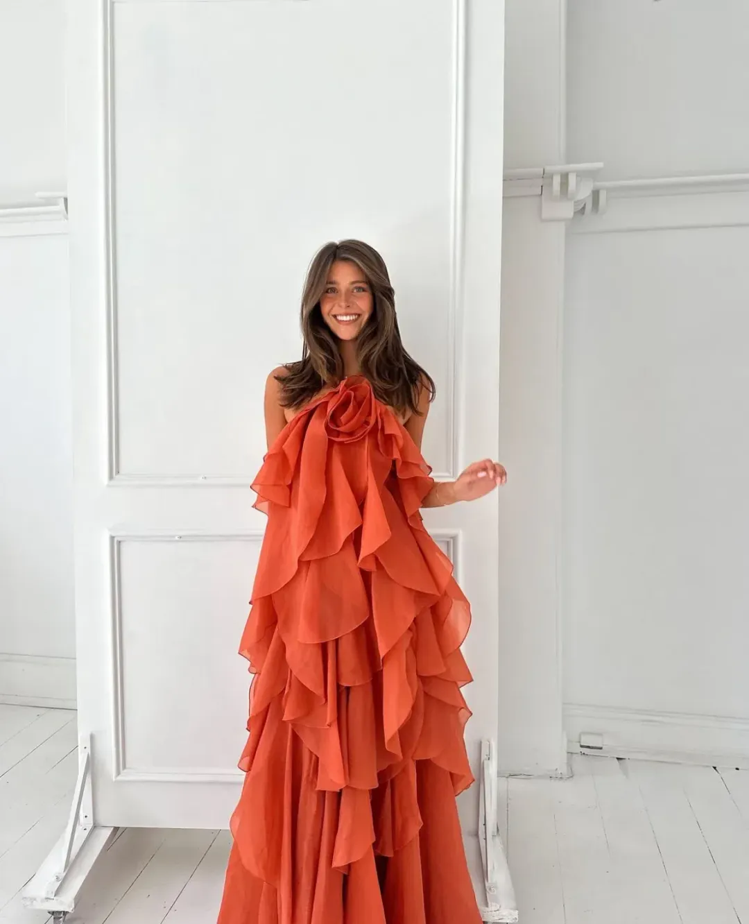 Aje Pandorea Layered Maxi Dress size 10 Coral Clay for rent on The Volte - main image