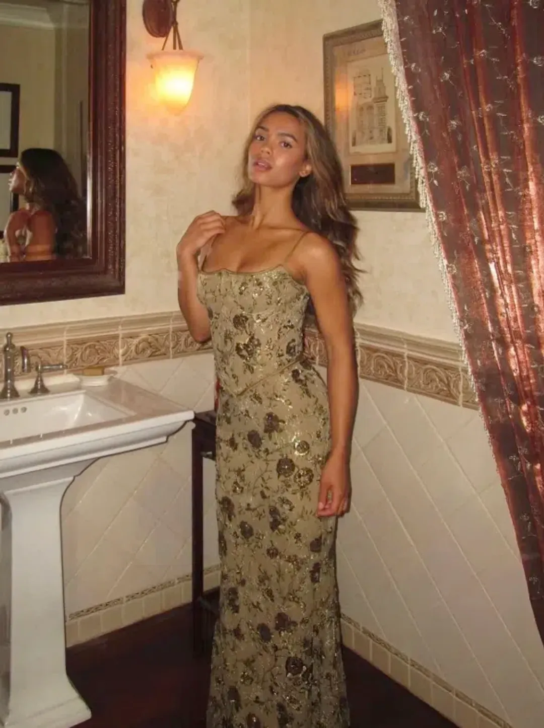 House Of CB Naima Hand Beaded Embellished Maxi Dress Olive Size S / AU 8 for rent on The Volte - main image