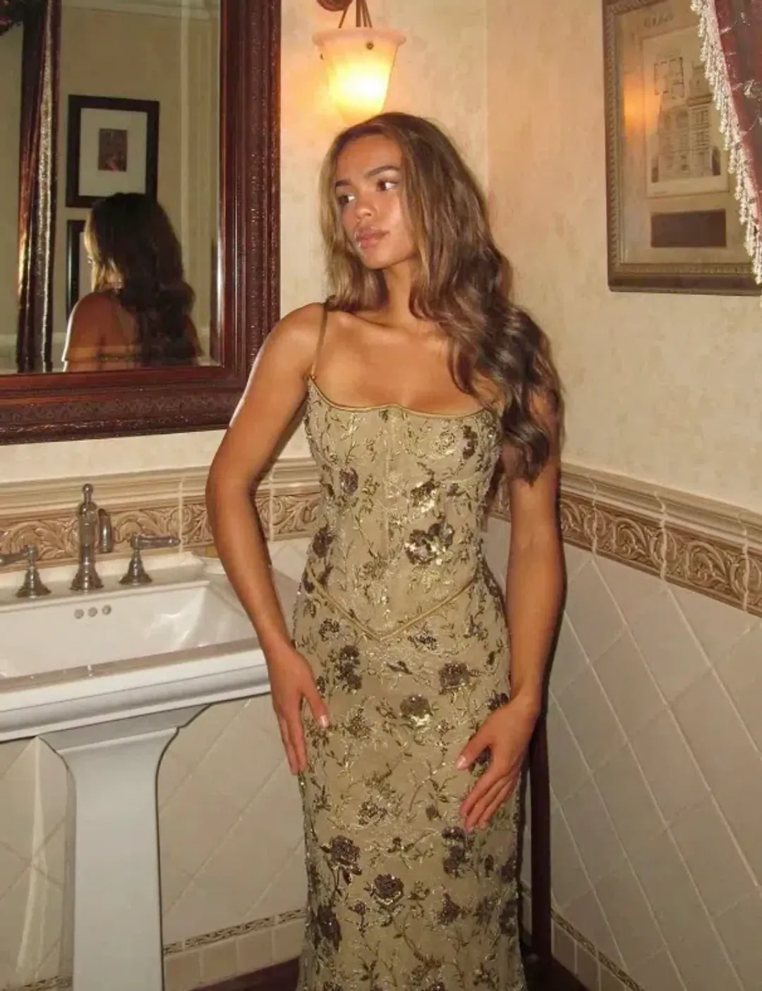 House Of CB Naima Hand Beaded Embellished Maxi Dress Olive Size S / AU 8 for rent on The Volte - main image