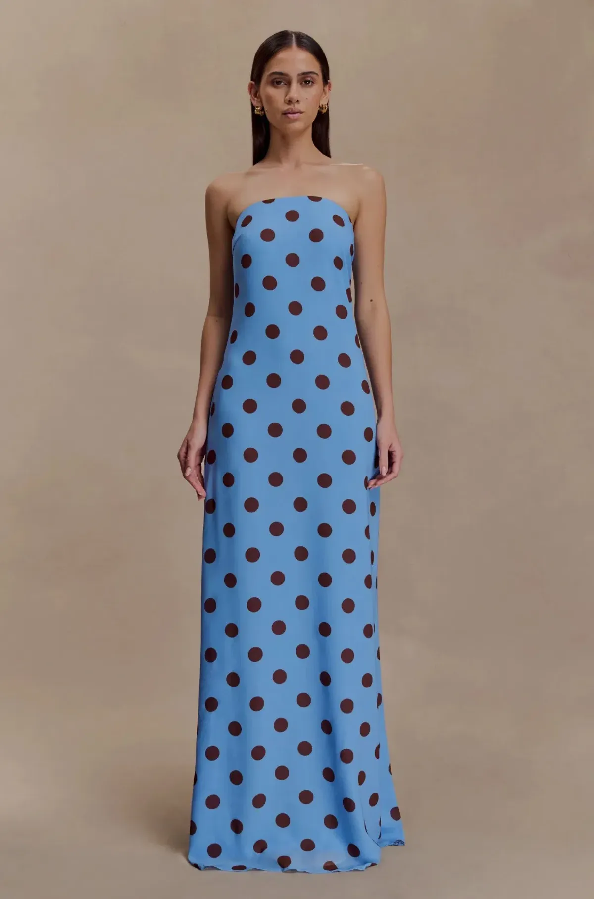 MESHKI Amaya Strapless Chiffon Maxi Dress - Blue Polka Dot Size M - Image 1