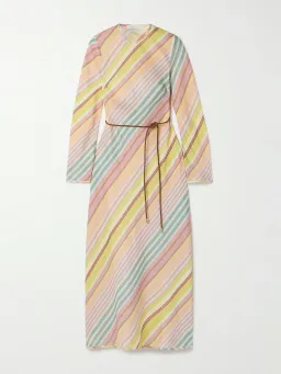 Zimmermann Halliday Belted Linen Long Sleeve Midi Dress in Pastel Stripe Multi Size 1 / AU 10 for rent on The Volte - image 3