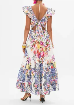 Camilla Tiered Dress with Neck Frill in Dutch Is Life Print Size XL AU 16 for rent on The Volte - image 2