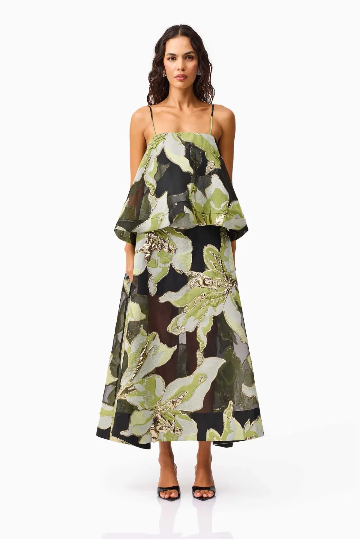 Elliatt Elysia Tiered Gown in Black and Green Floral Size XS / AU 6 - Image 2