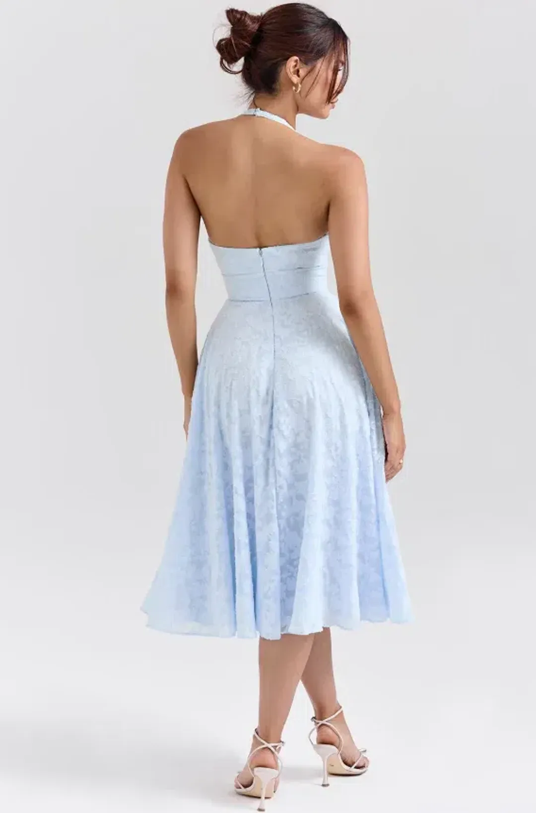 HOUSE OF CB Arietta Bluebell Floral Jacquard Halter Midi Dress Size L+/14 for rent on The Volte - main image