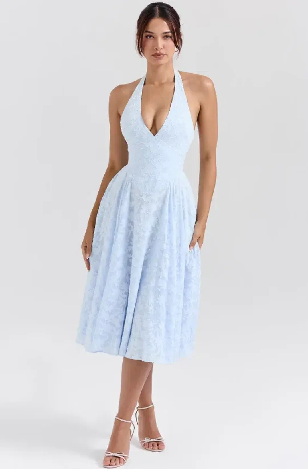 HOUSE OF CB Arietta Bluebell Floral Jacquard Halter Midi Dress Size L+/14 for rent on The Volte - main image