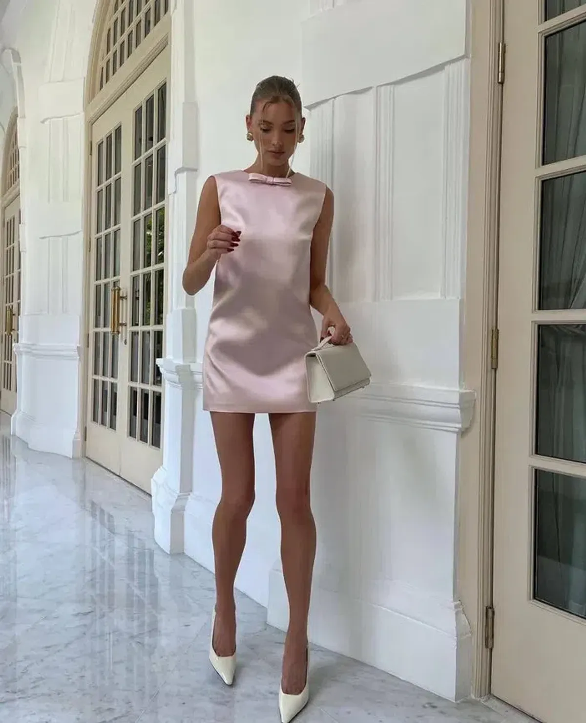 Helsa Heavy Satin Bow Backless Mini Dress Pale Pink Size S - Image 2