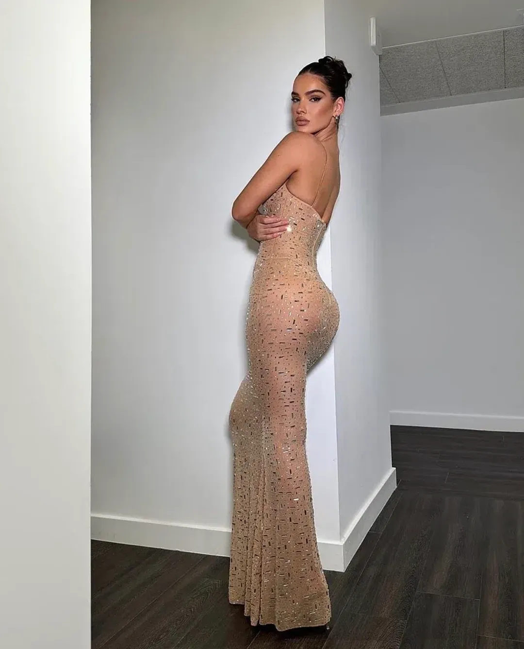 Oh Polly Antonella Sheer Embellished Maxi Dress Nude Size AU 12 / L for rent on The Volte - main image