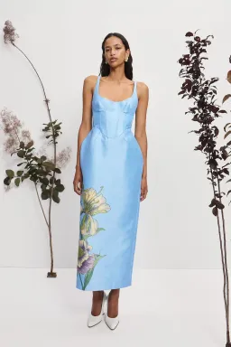Alemais Donata Taffeta Midi Gown Sky Blue Floral Print Size AU 14 for rent on The Volte - image 1
