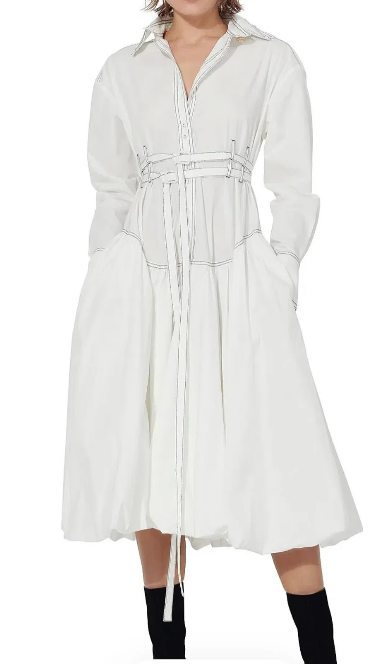 Aje Cassia Bubble White Midi Dress s.12 Hem Shirt Long Sleeve Cotton - Image 1