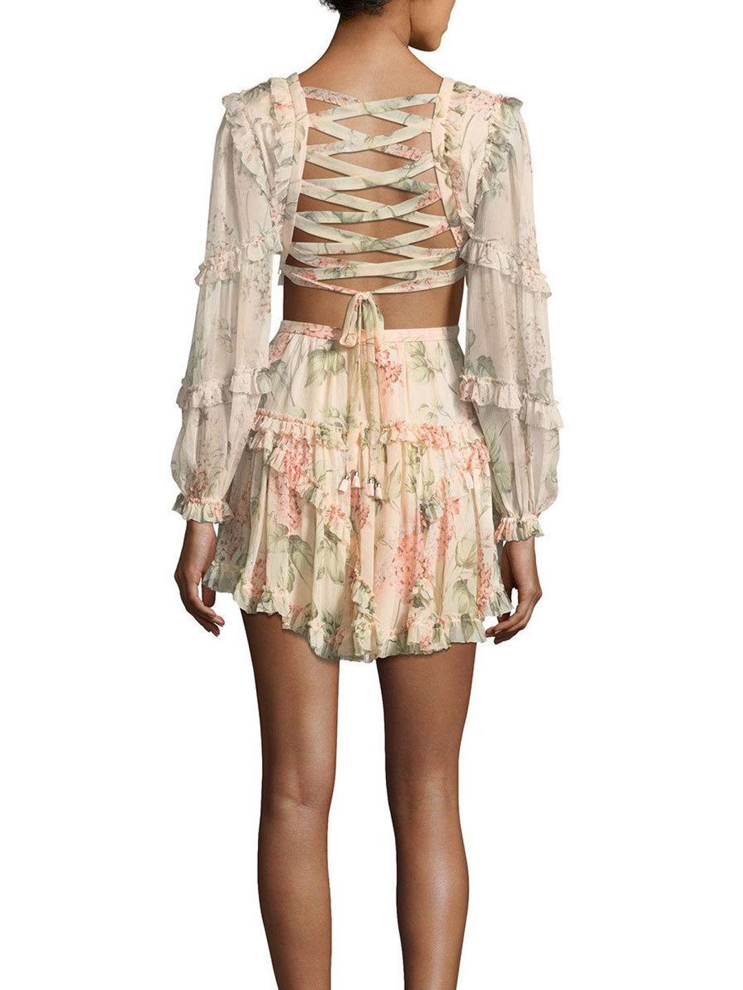 Zimmermann Prima Floating Cut Out Dress Peach Cream Floral Size 6 for rent on The Volte - main image