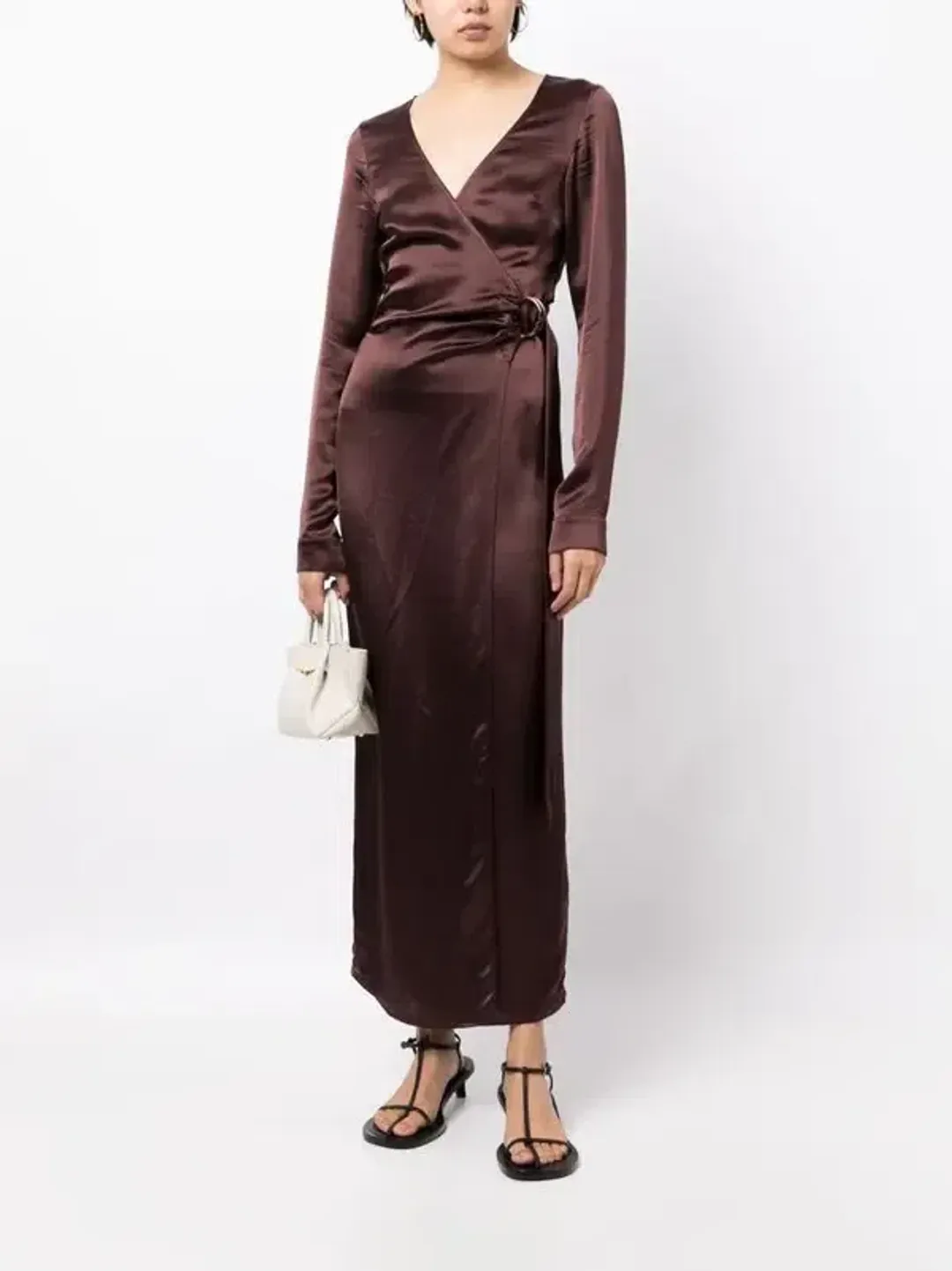 Anna Quan Chocolate Brown Satin Wrap Midi Dress AU10 for rent on The Volte - main image