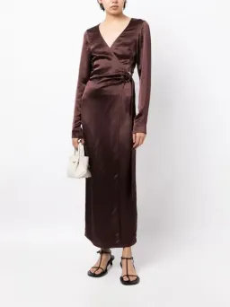 Anna Quan Chocolate Brown Satin Wrap Midi Dress AU10 for rent on The Volte - image 2