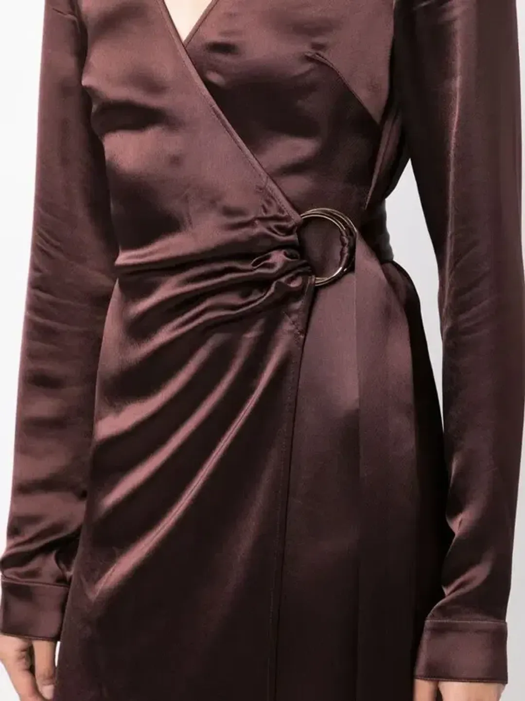 Anna Quan Chocolate Brown Satin Wrap Midi Dress AU10 for rent on The Volte - main image
