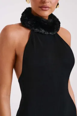 Elva Halter Knit Maxi Dress With Faux Fur - Black for rent on The Volte - image 3