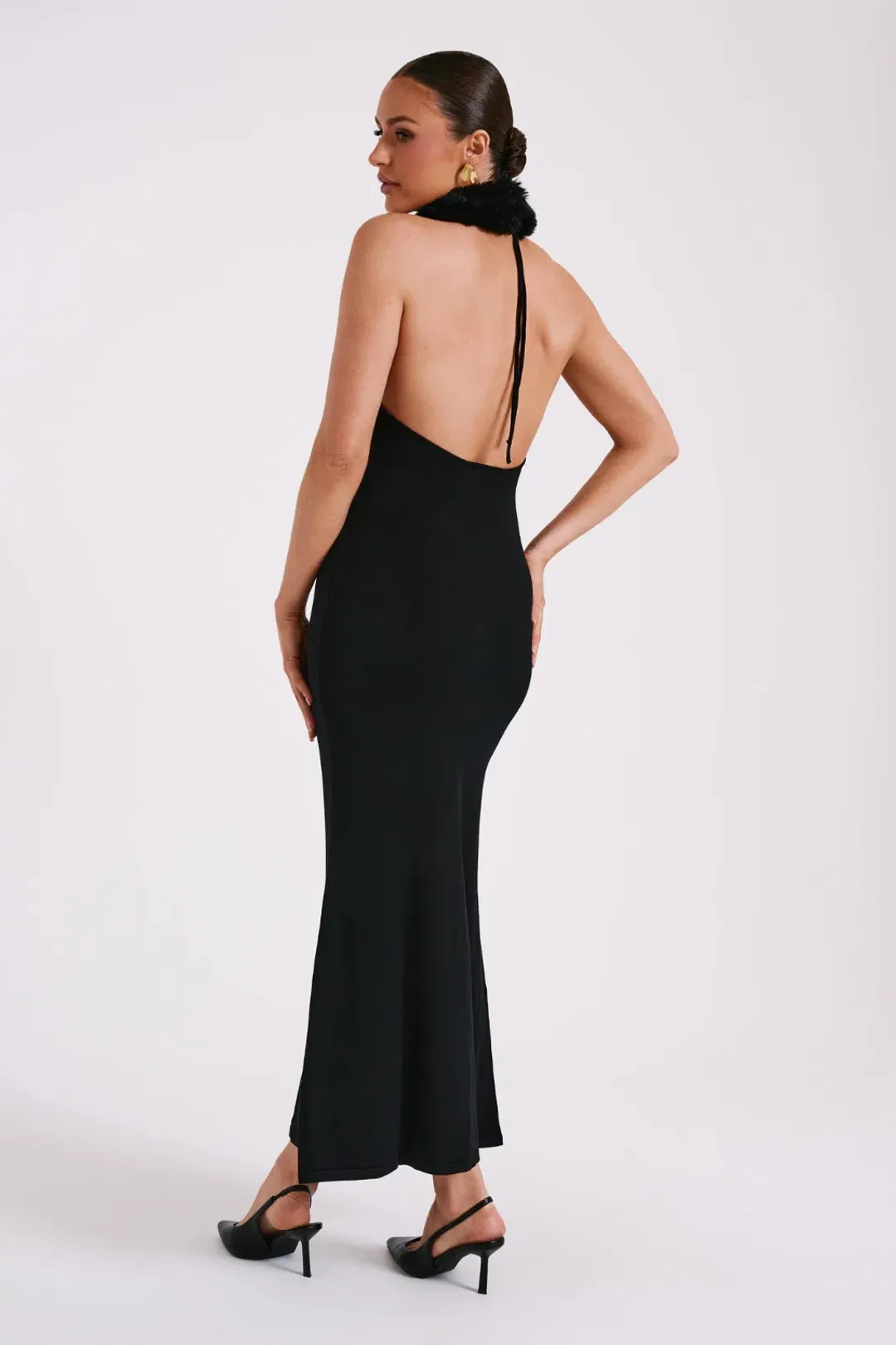 Elva Halter Knit Maxi Dress With Faux Fur - Black for rent on The Volte - main image