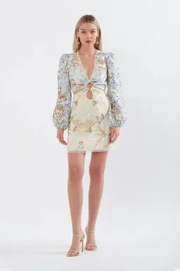 Sonya Cut Out Linen Mini Dress Botanica Print Size XS / AU 6 for rent on The Volte - image 1