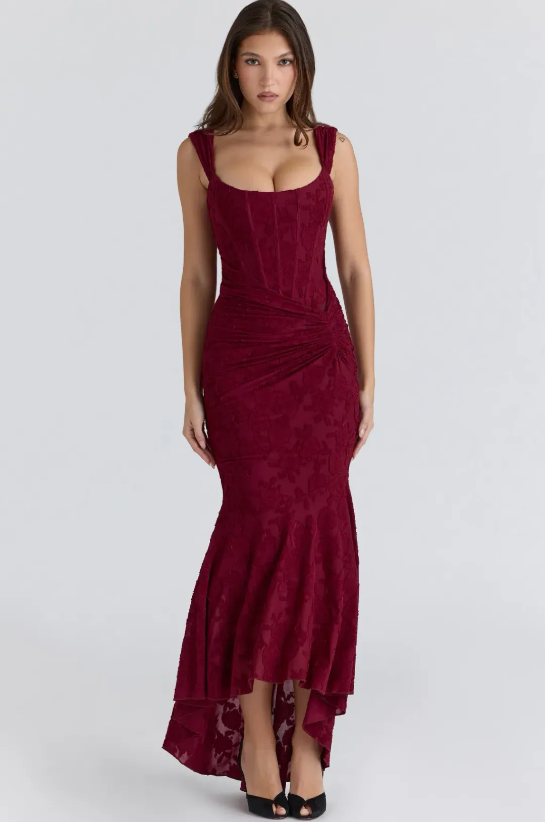 HOUSE OF CB Cesca Wine Floral Lace Corset Maxi Dress Size S for rent on The Volte - main image