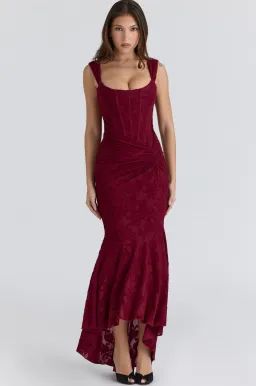 HOUSE OF CB Cesca Wine Floral Lace Corset Maxi Dress Size S for rent on The Volte - image 1