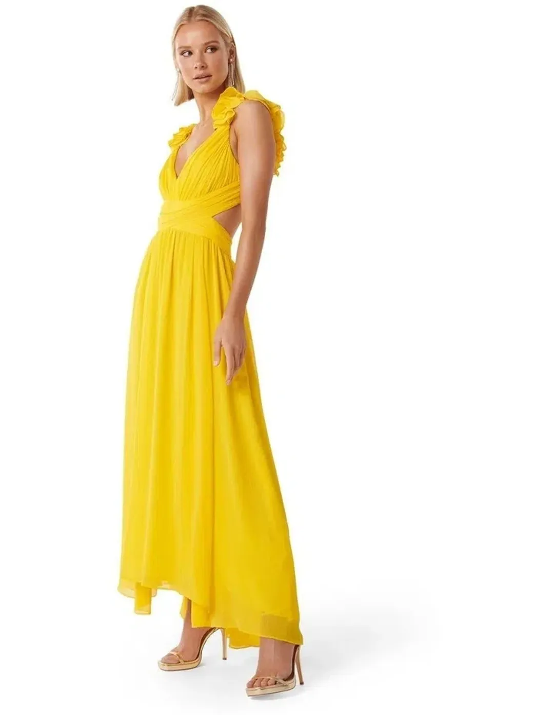 Forever New Selena Ruffle Shoulder Maxi in Yellow Size 12 for rent on The Volte - main image