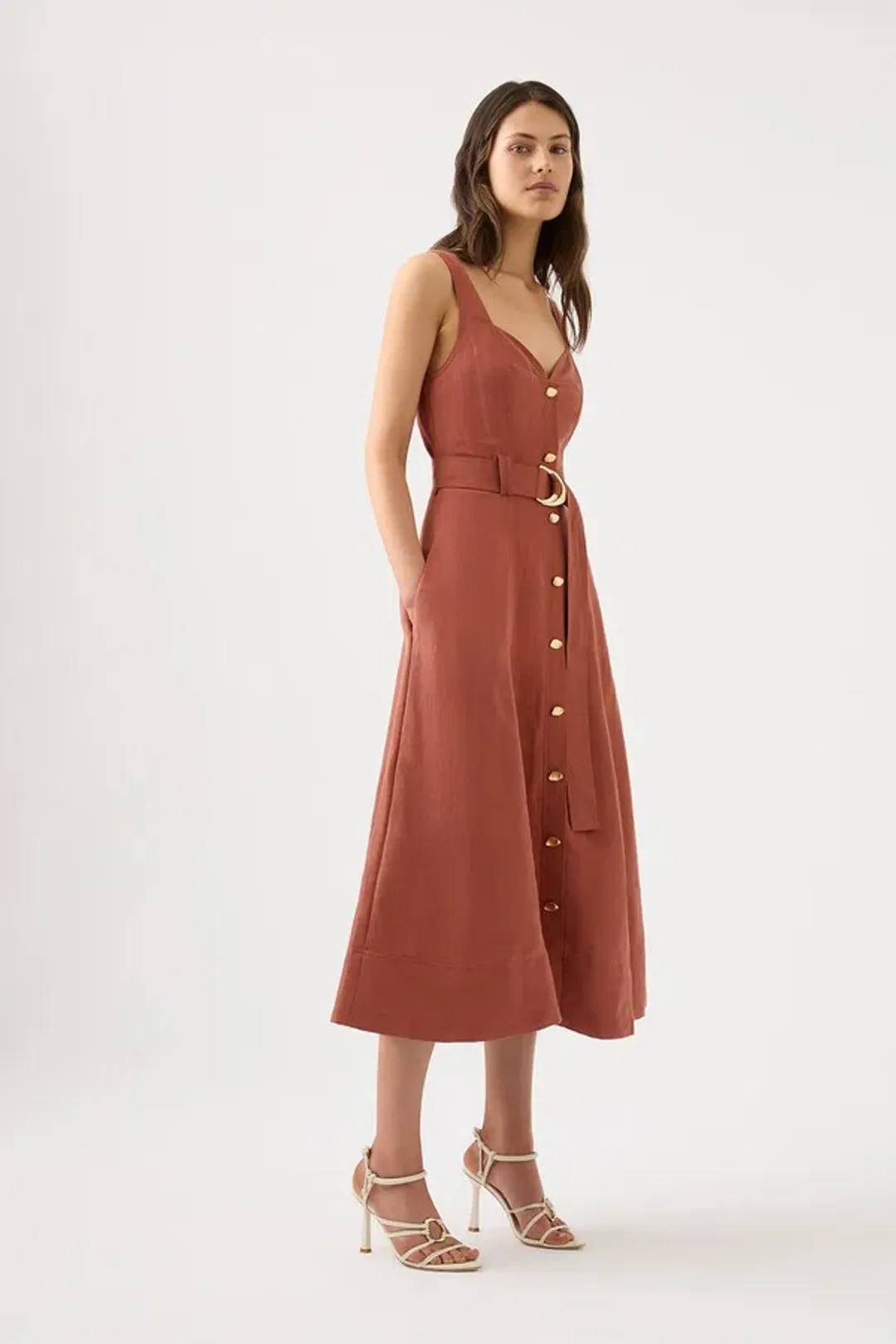 Aje Clay Belted Midi Dress In Coffee Brown | AU 8 for rent on The Volte - main image