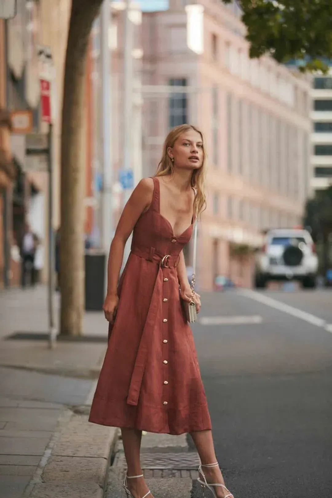 Aje Clay Belted Midi Dress In Coffee Brown | AU 8 for rent on The Volte - main image