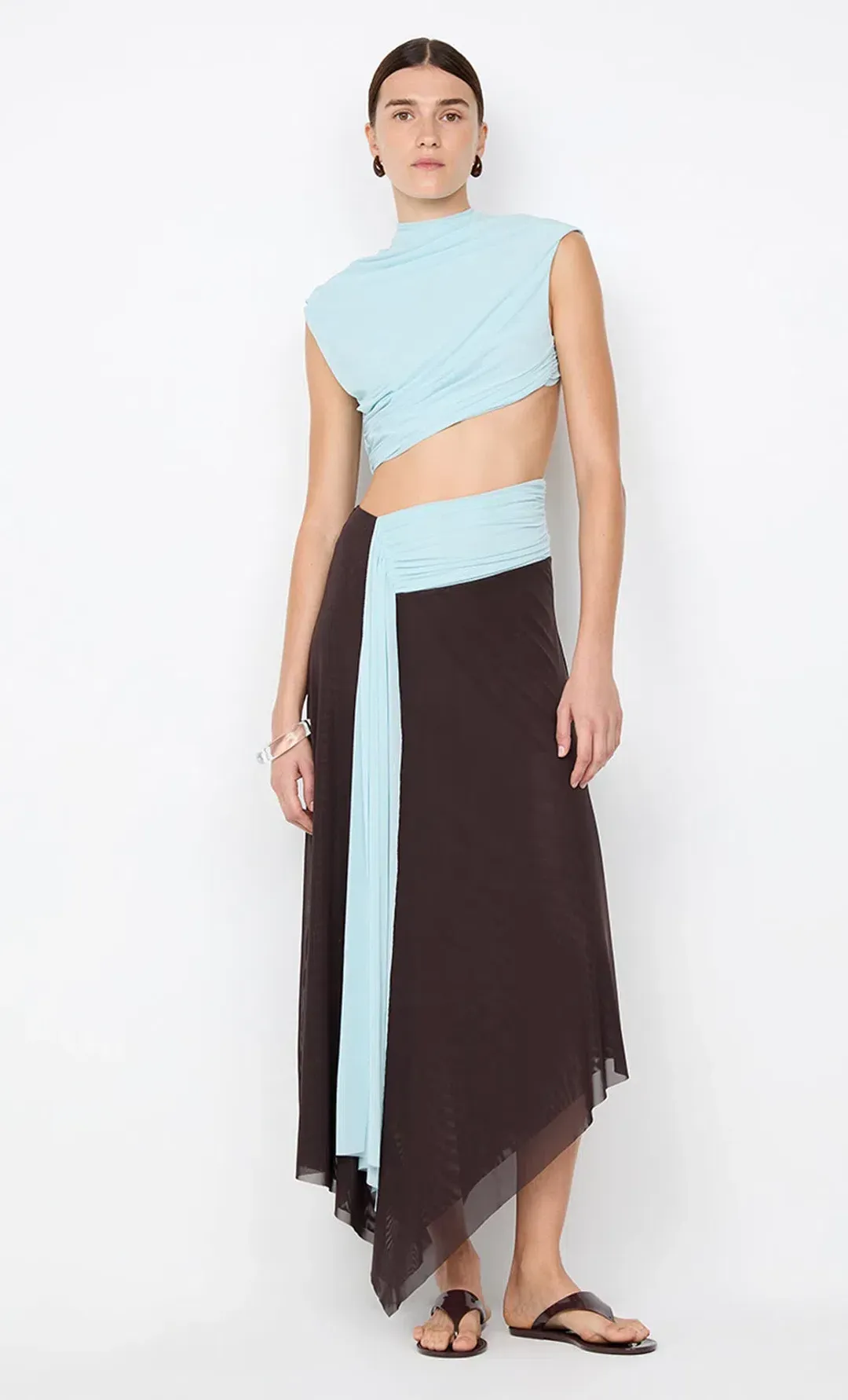 Connie Asym Midi Dress in Artic Blue Choc Brown for rent on The Volte - main image