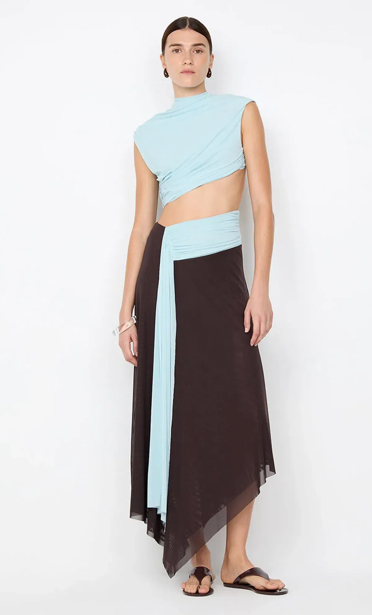 Connie Asym Midi Dress in Artic Blue Choc Brown for rent on The Volte - main image