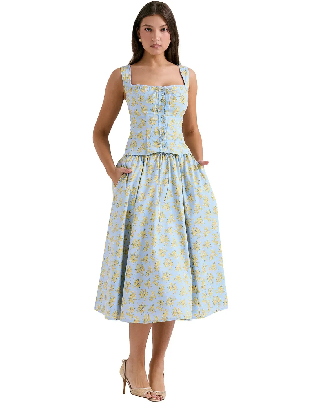 House of CB Juan Crop and Cora Midi skirt in Soft Blue Vintage Floral Print for rent on The Volte - main image