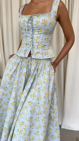 House of CB Juan Crop and Cora Midi skirt in Soft Blue Vintage Floral Print for rent on The Volte - image 3