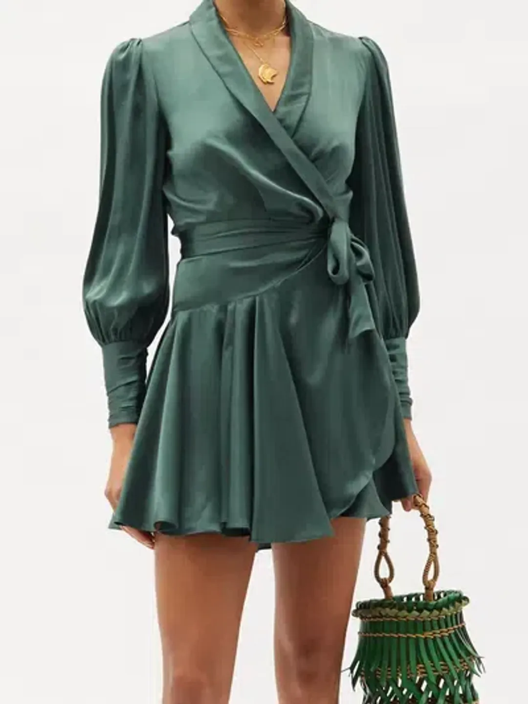 Zimmermann Silk Wrap Mini Dress Bottle Green Size 3 / AU 14 / XL for rent on The Volte - main image