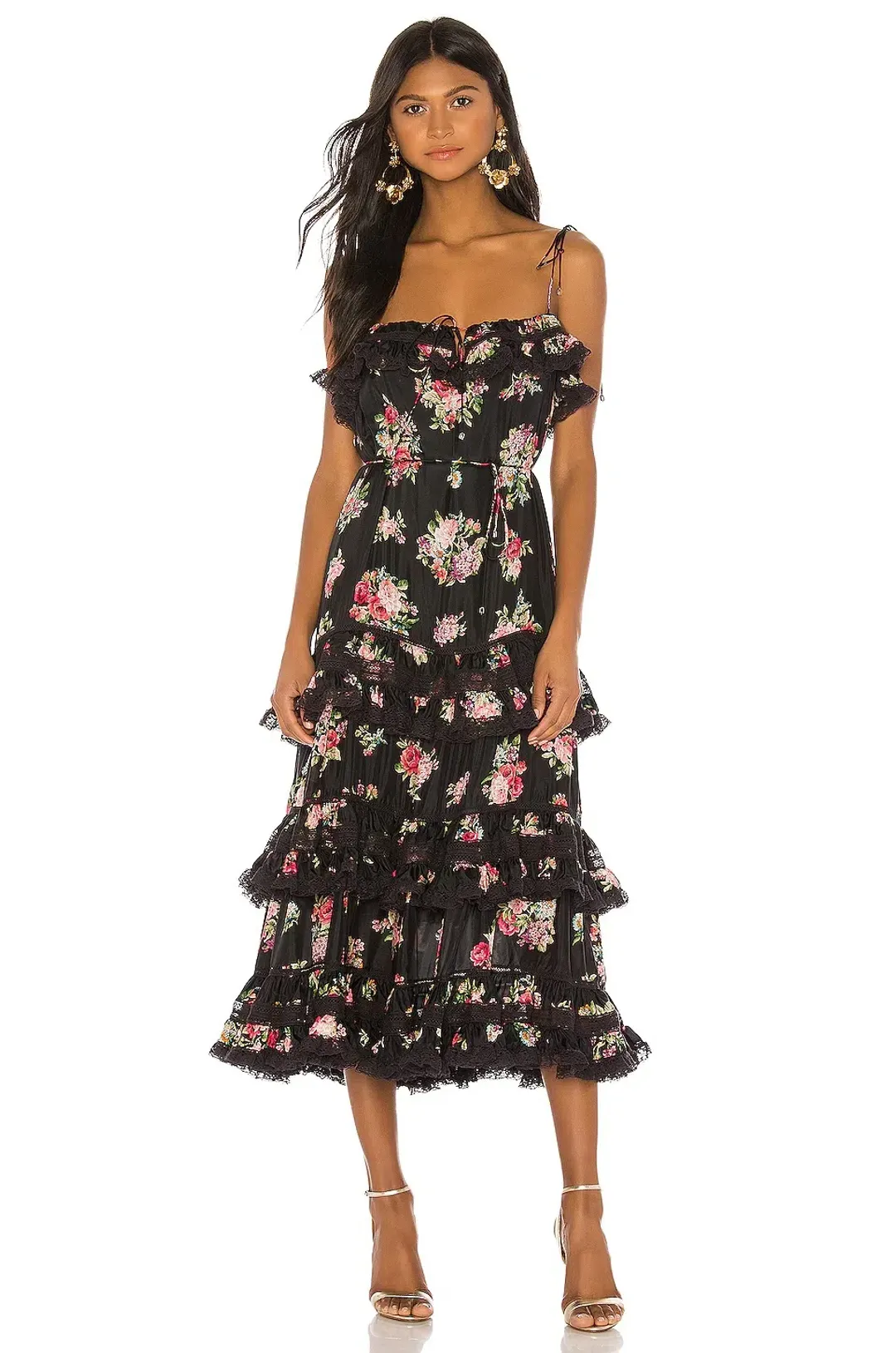 Zimmermann Honour Tiered Midi Dress Black Floral Size 0 / AU 8 for rent on The Volte - main image
