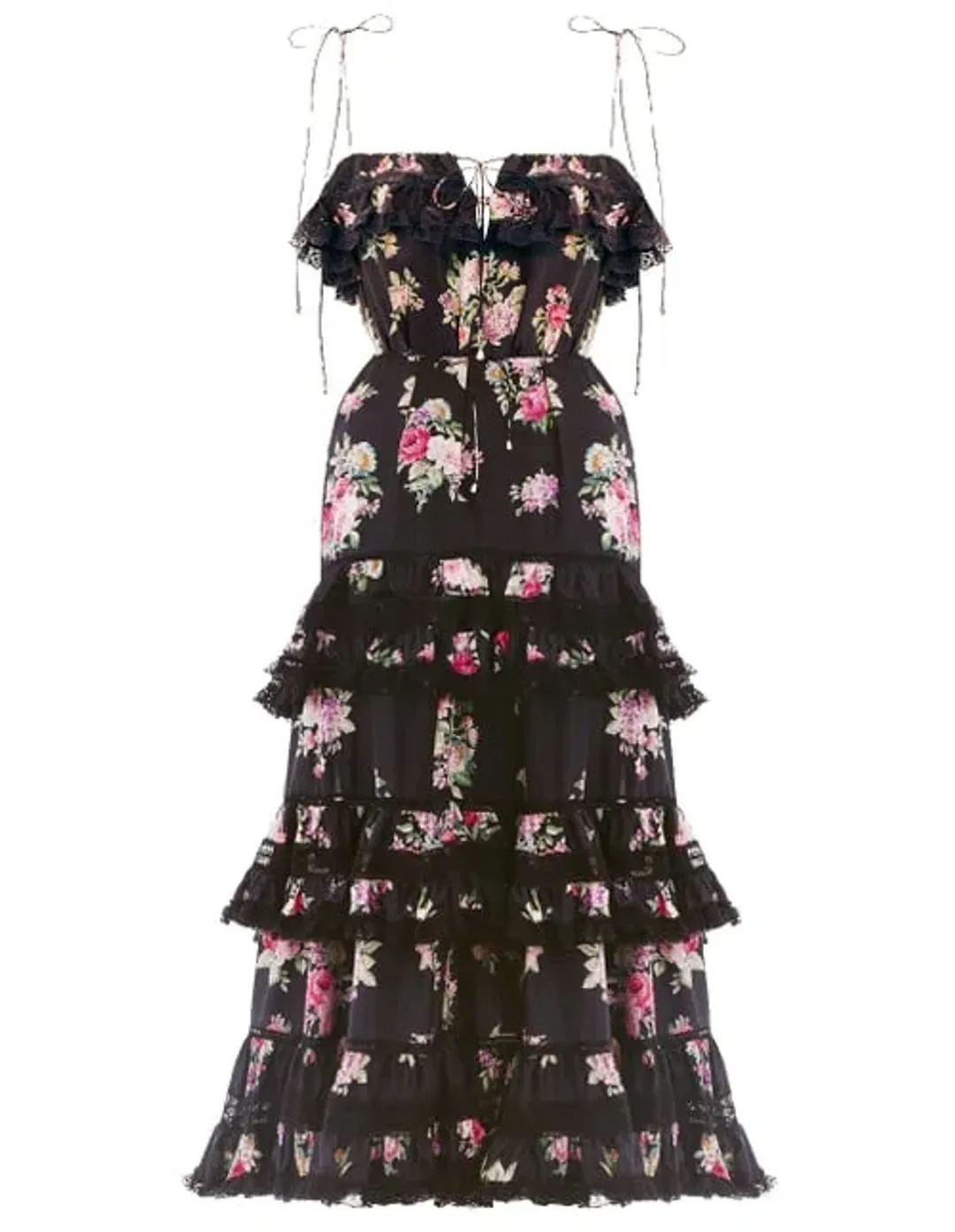 Zimmermann Honour Tiered Midi Dress Black Floral Size 0 / AU 8 for rent on The Volte - main image