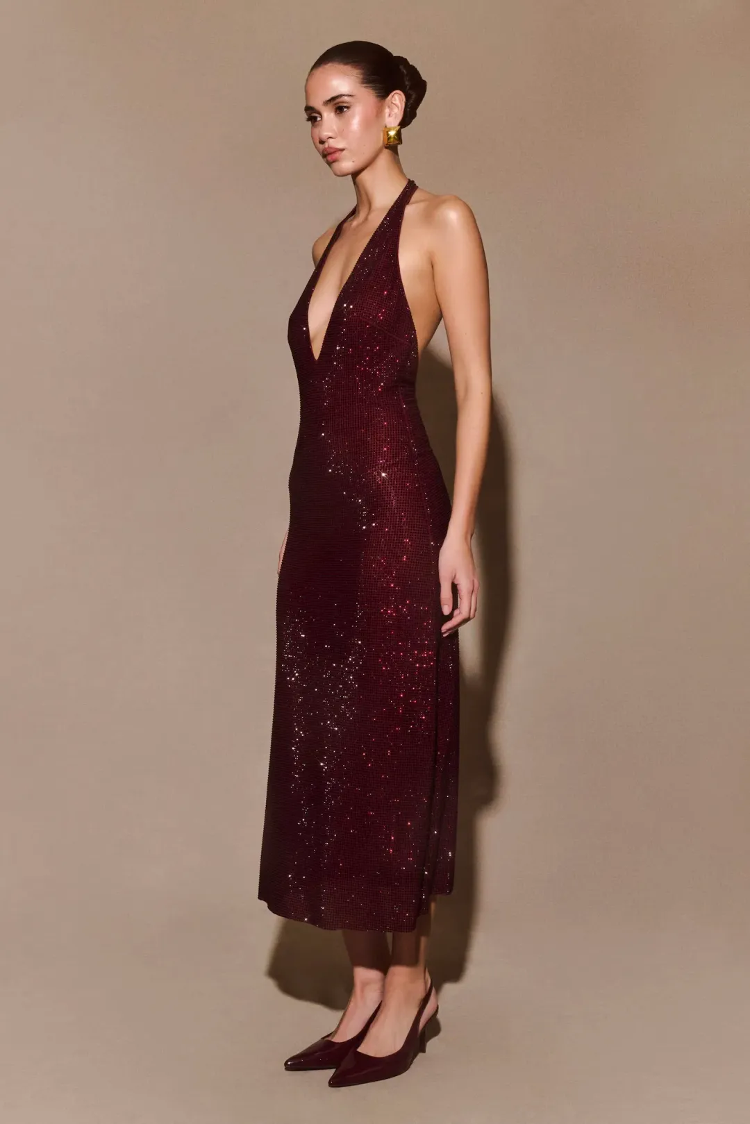 Meshki - Genie Diamante Halter Midi Dress - Mahogany - Size M for rent on The Volte - main image