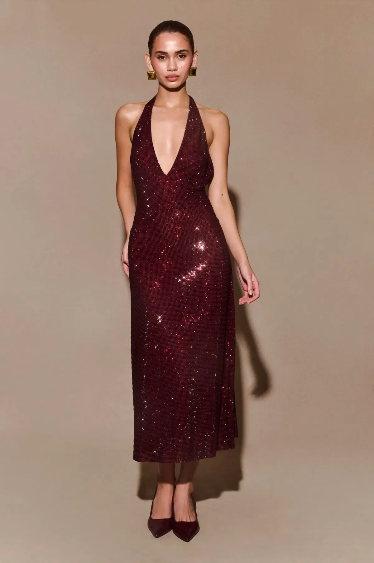 Meshki - Genie Diamante Halter Midi Dress - Mahogany - Size M for rent on The Volte - main image