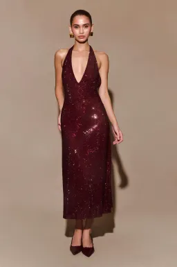 Meshki - Genie Diamante Halter Midi Dress - Mahogany - Size M for rent on The Volte - image 1