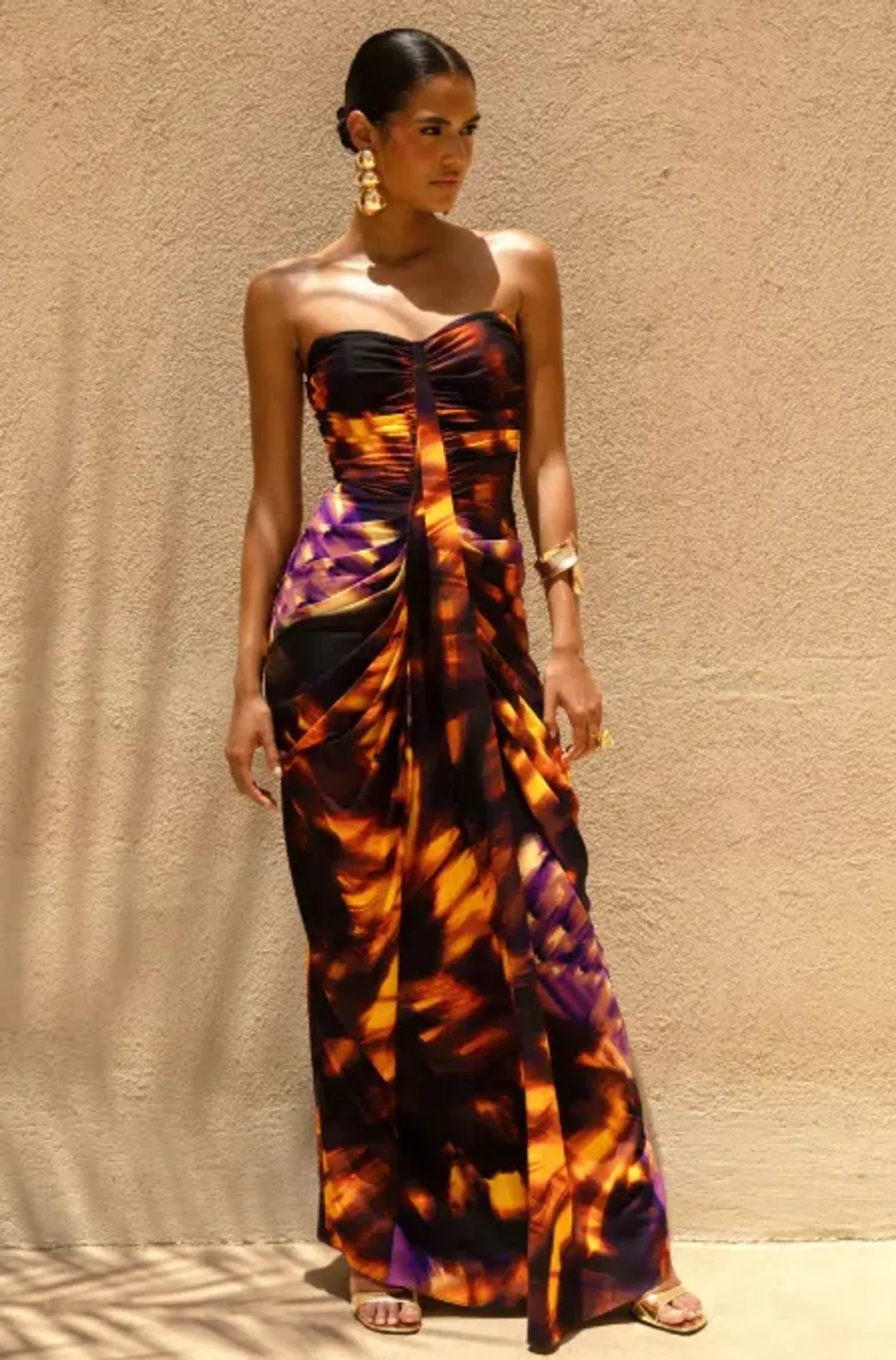 Club L London Nyra Smoke Print Sweetheart Ruched Maxi Dress Size 10 for rent on The Volte - main image