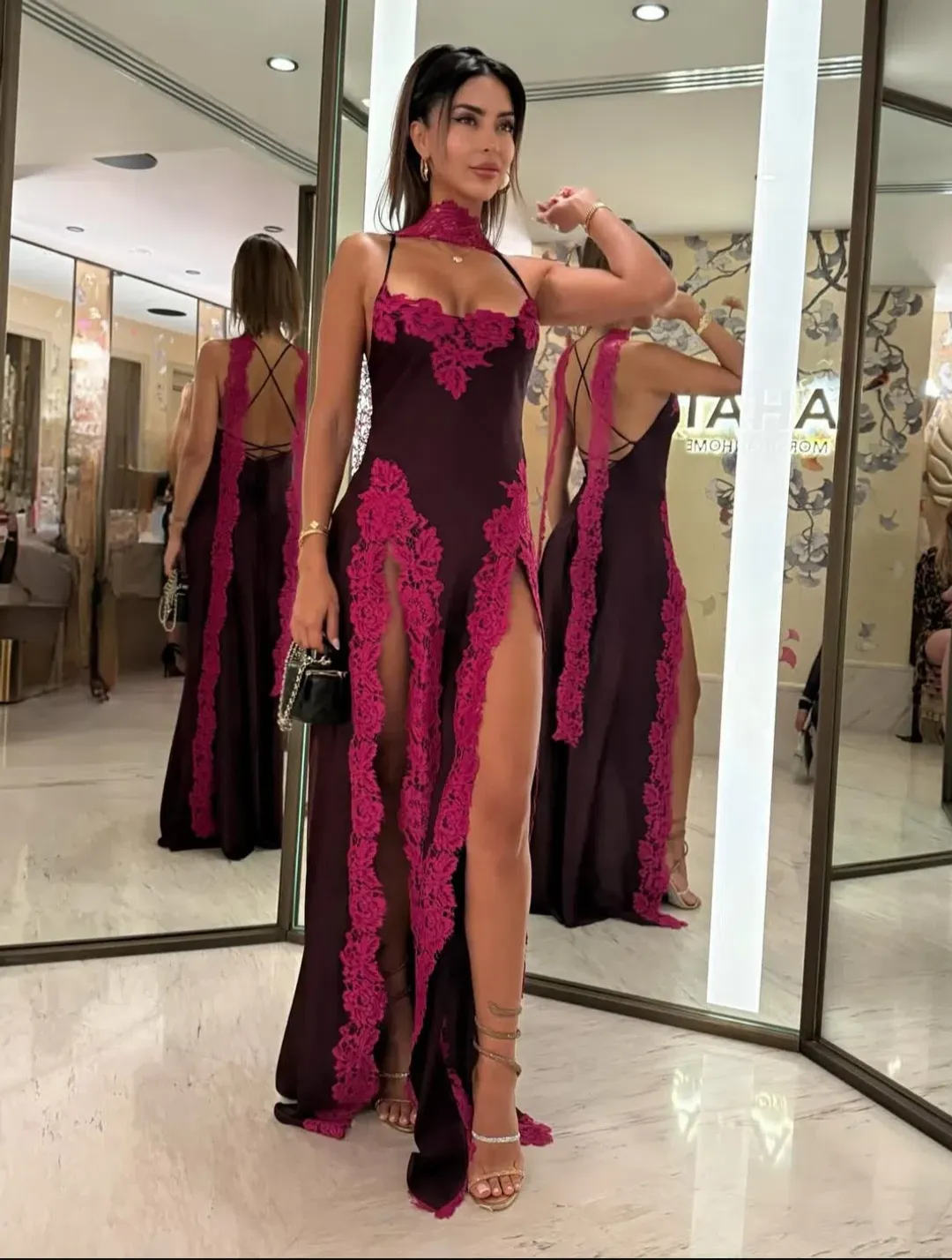 Khirzad Femme Rio Long Slip Dress Red wine Pink lace size 6 for rent on The Volte - main image