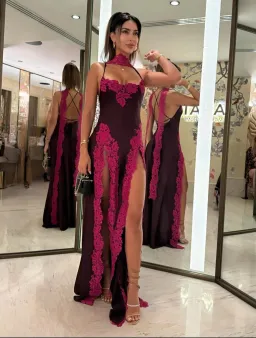 Khirzad Femme Rio Long Slip Dress Red wine Pink lace size 6 for rent on The Volte - image 1