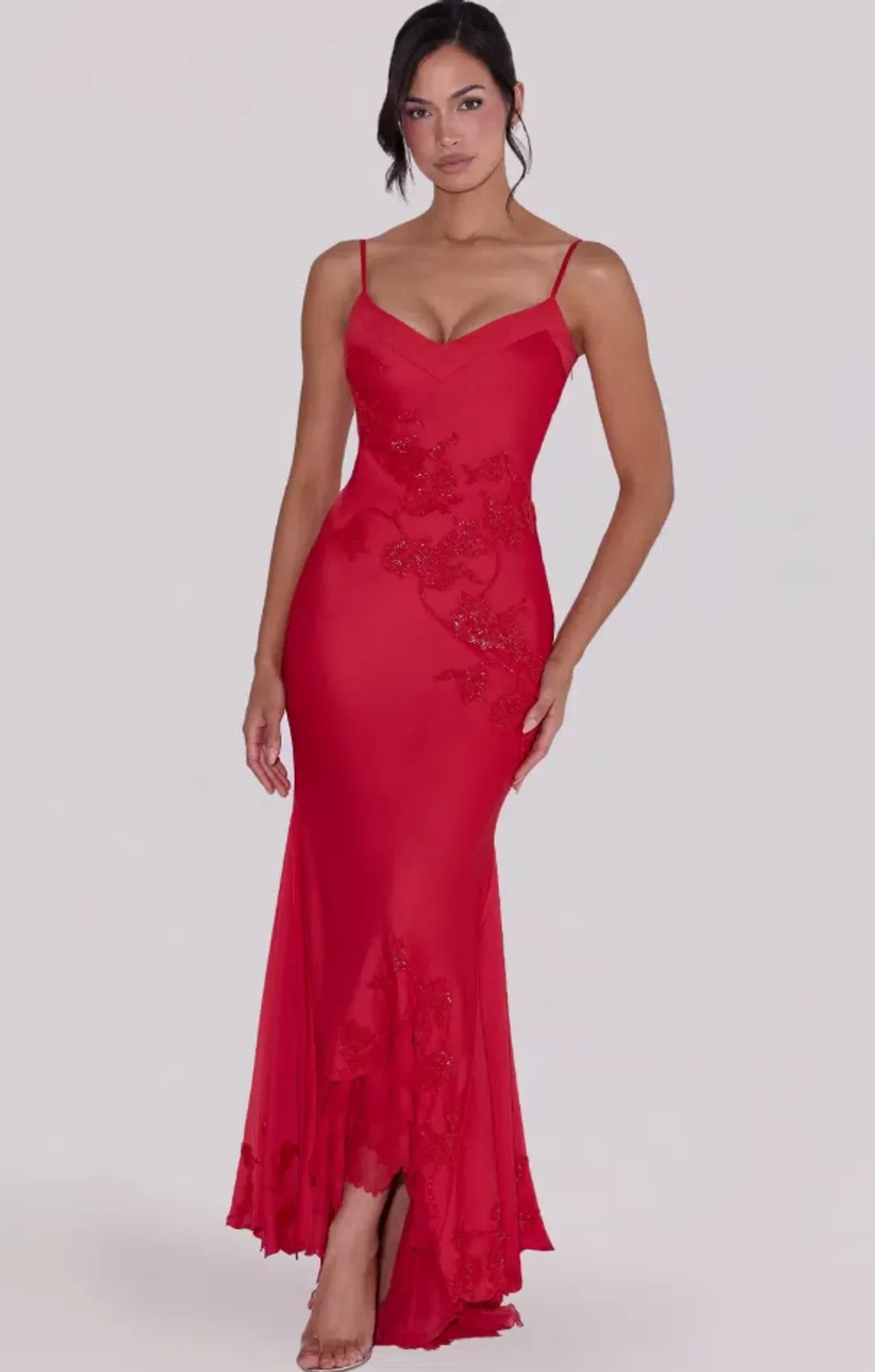 House of CB Anastelle red hand beaded embellished satin maxi dress - limited edition Size XS for rent on The Volte - main image