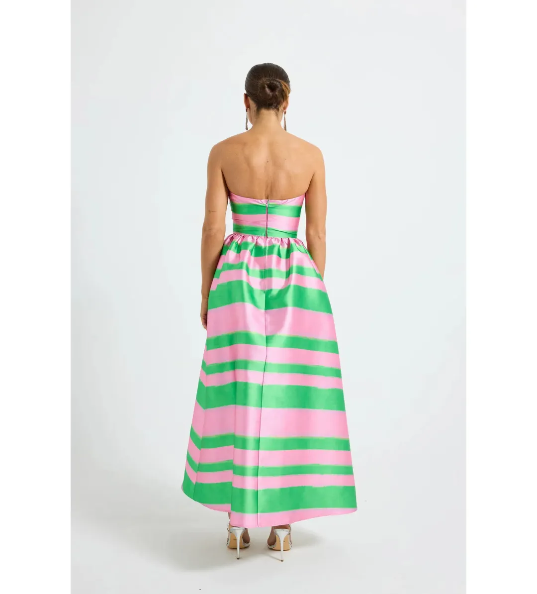Pasduchas Gigi Strapless Midi Dress Pink and Green Stripe Taffeta Size 10 for rent on The Volte - main image