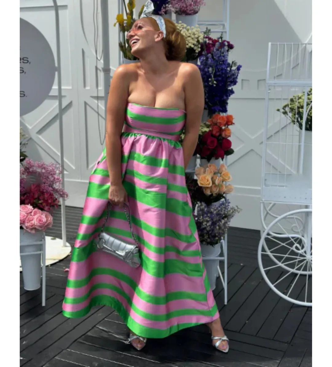 Pasduchas Gigi Strapless Midi Dress Pink and Green Stripe Taffeta Size 12 for rent on The Volte - main image