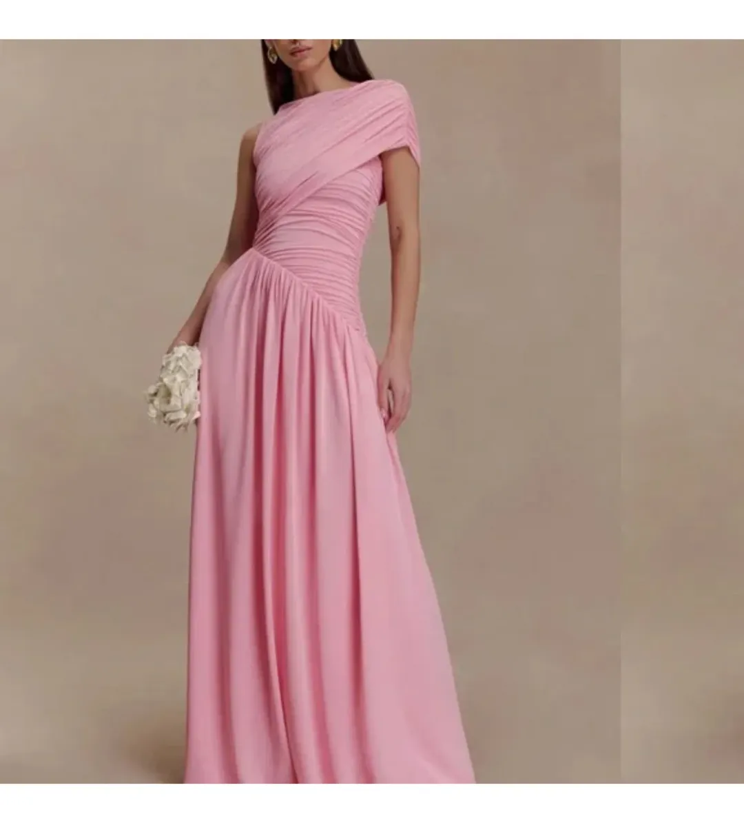 Meshki Ayeshya Slinky Asymmetric Maxi Dress in Candy Pink Size AU10 for rent on The Volte - main image