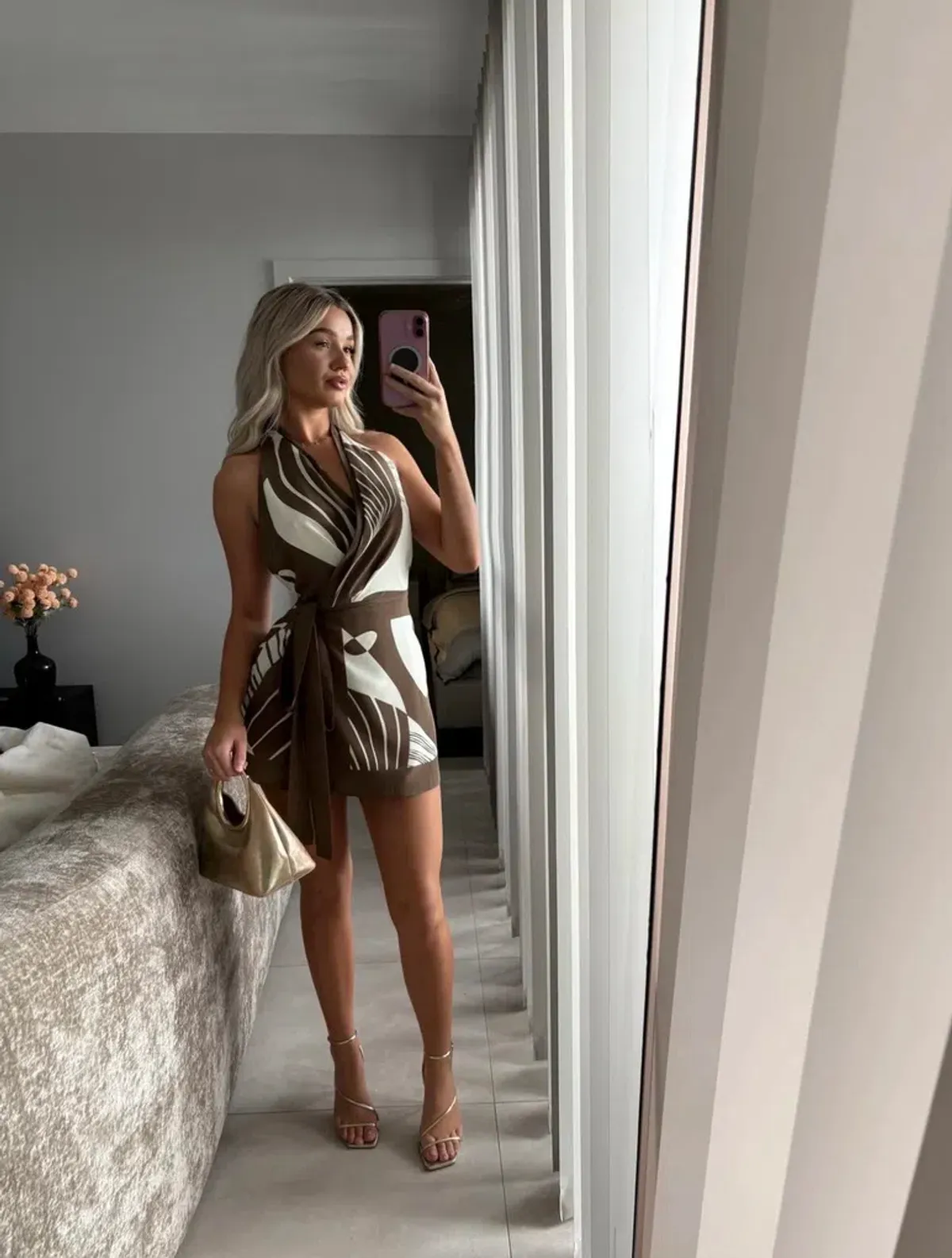 ALMARA WRAP HALTER MINI DRESS | ESPRESSO STRIPE - SIZE 8 for rent on The Volte - main image