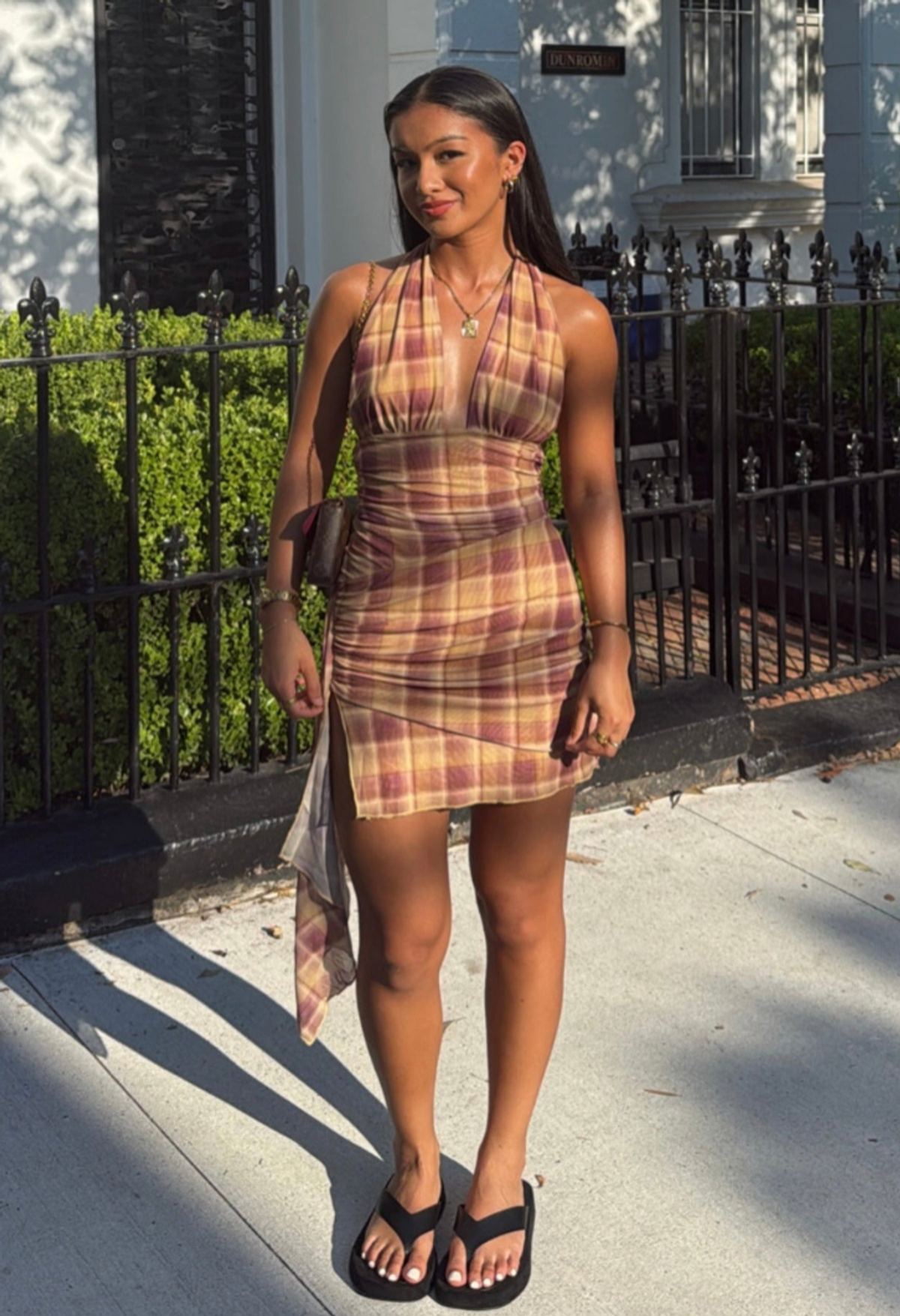 Benni Penelope Halter Mini Dress Toffee Check - Image 2