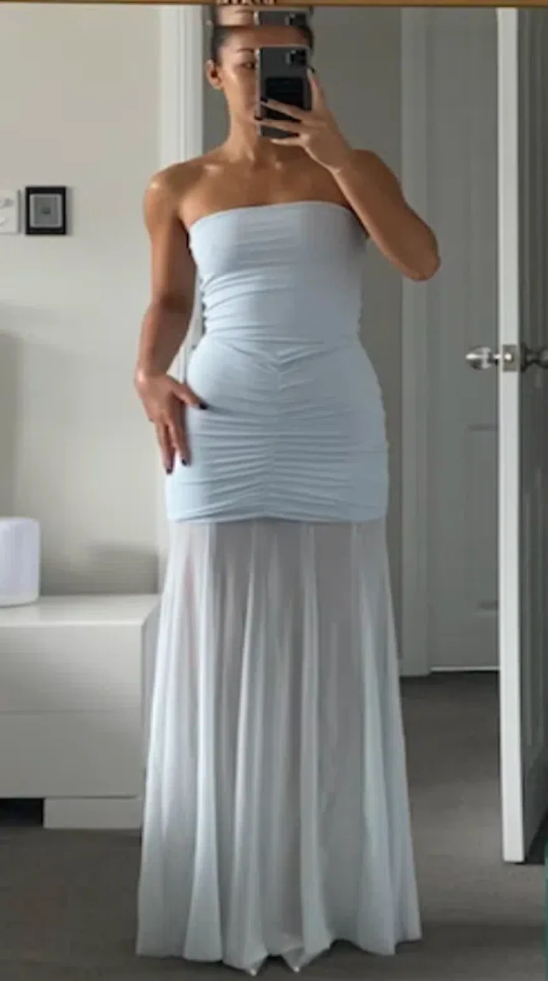 Meshki Caspian Slinky And Mesh Off Shoulder Maxi Dress - Pale Blue for rent on The Volte - main image