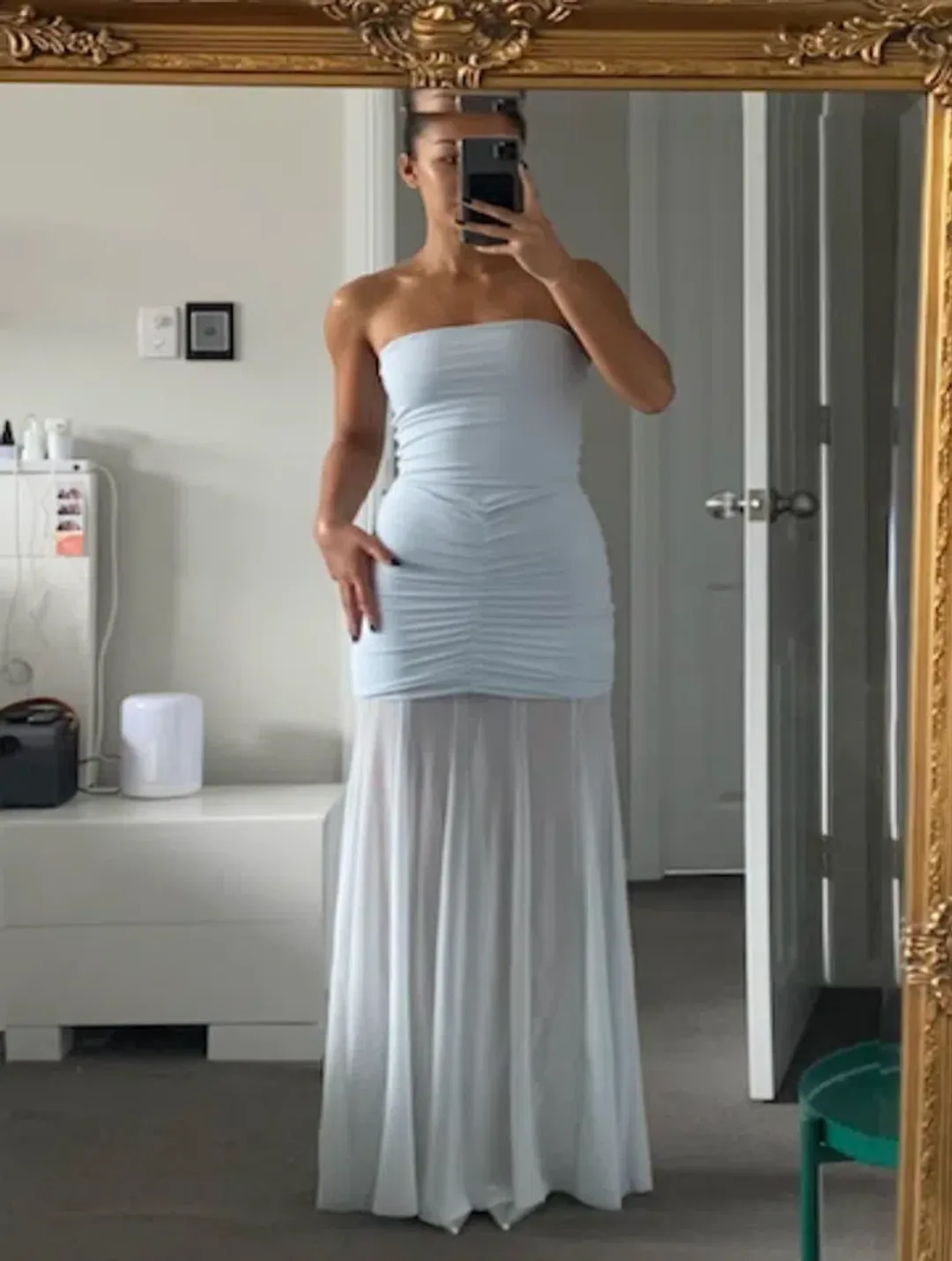 Meshki Caspian Slinky And Mesh Off Shoulder Maxi Dress - Pale Blue for rent on The Volte - main image